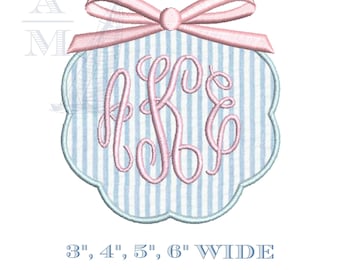 Bow applique embroidery design with scalloped border | monogram frame | 3"–6" | satin finish | machine embroidery digital file