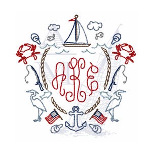 Nautisches Monogramm Wappen Stickmuster, Krabbe, Segelboot, amerikanische Flagge, Maschinenstickerei, digitale Datei