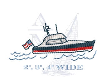 Desenho de bordado de barco com bandeira americana | Iate estilo barco de piquenique | Ponto à mão | 2" 3" 4" | Arquivo digital para bordado náutico à máquina
