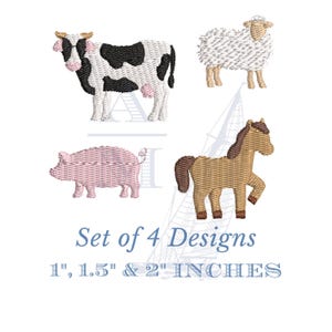 Mini Farm Animals Embroidery Design Set of 4 Motifs - Cow Pig Sheep Horse - Digital Files in 3 Sizes Each for Fun Fall Projects