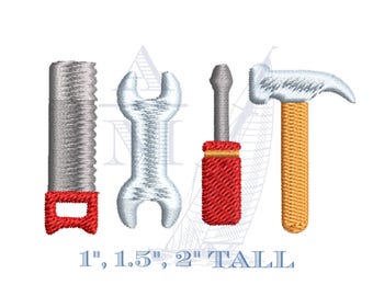 Mini tool set embroidery design | hammer saw wrench screwdriver | 4 designs | 1"–2" | boys girls machine embroidery