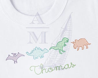 Dinosaur embroidery design trio | sketch fill | 4"–7" wide | t-rex pterodactyl stegosaurus triceratops | machine embroidery