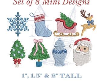 Mini christmas embroidery design set of 8 | grandmillennial holiday motifs | reindeer santa ginger jar snowflake stocking | 3 sizes each