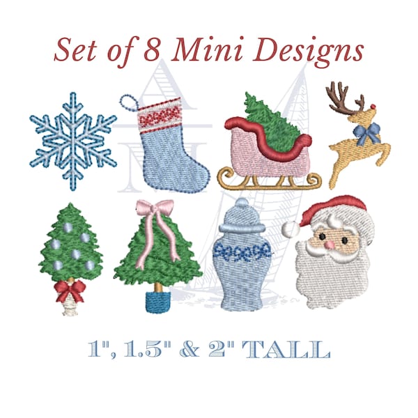 Mini christmas embroidery design set of 8 | grandmillennial holiday motifs | reindeer santa ginger jar snowflake stocking | 3 sizes each