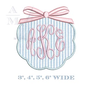 Bow applique embroidery design with scalloped border | monogram frame | 3"–6" | satin finish | machine embroidery digital file