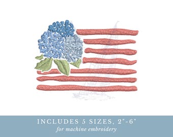 Desenho de Bordado Patriótico de Hortênsia com a Bandeira Americana | Arquivo Digital USA 250 | Estilo Aquarela, Bordado de Verão da Costa Leste | 5 tamanhos