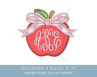 Apple and Bow Applique Back to School Embroidery Design Frame | Use with or without a monogram | 6 sizes included