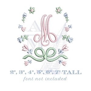 Grandmillennial floral bow monogram frame | 2"–7" | girly machine embroidery design for monograms and fonts image 1