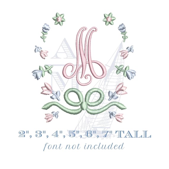 Grandmillennial floral bow monogram frame | 2"–7" | girly machine embroidery design for monograms and fonts