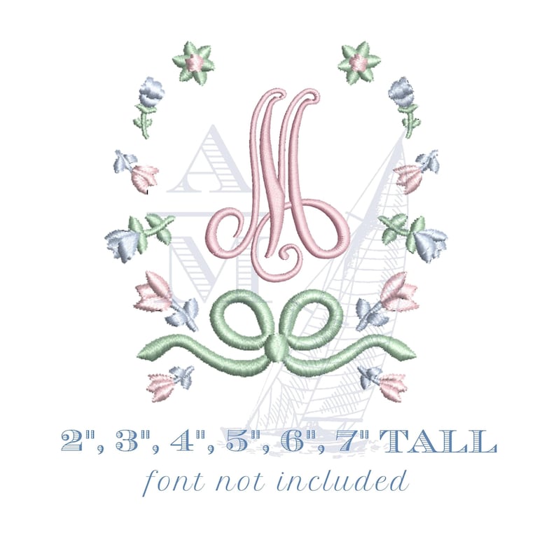Grandmillennial floral bow monogram frame | 2"–7" | girly machine embroidery design for monograms and fonts image 1