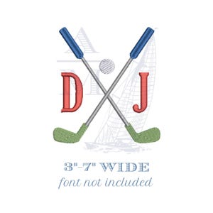Motif de broderie de golf, clubs de golf croisés avec balle de golf, cadre monogramme de golf, ajout d'initiales, 6 tailles