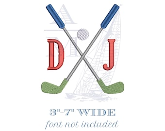 Golf Embroidery Design, Crossed Golf Clubs with Golf Ball, Golf Monogram Frame, Add Initials, 6 Sizes