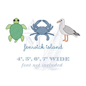 Beach Summer Embroidery Design Set,  Sea Turtle Crab Seagull,  4 Sizes Each,  Machine Embroidery Digital File