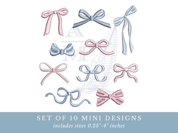 Mini Bow Embroidery Files, Set Of 10 Satin Designs | 0.25–4 Inch Sizes, Multi-Format
