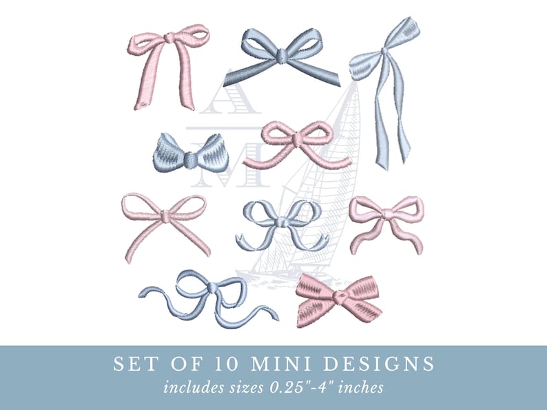 Ten embroidered satin bow designs in pink and blue are arranged on a white background above a blue banner with white text reading SET OF 10 MINI DESIGNS includes sizes 0.25-4 inches.