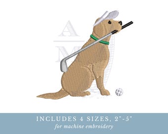 Desenho de bordado de cachorro golfista | labrador com taco de golfe | 4 tamanhos | labrador inspirado em mestres | arquivo digital para bordado à máquina