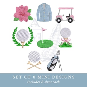 Golf embroidery design bundle, set of 8 mini motifs | azalea, golf cart, bag, hole flag | masters inspired | 3 sizes each