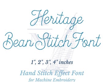 Hand Stitch Handwritten Style Font for Machine Embroidery, Heritage Bean by Annapolis Monograms, Floss Stitch, BX Included 1-4 inches