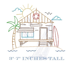 Summer surfer lifeguard shack embroidery design with palm tree, sun & surfboard, 5 sizes, for machine embroidery, digital file