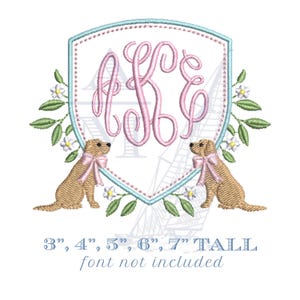 Girl dog embroidery crest monogram frame design for machine embroidery, 5 sizes, digital design file