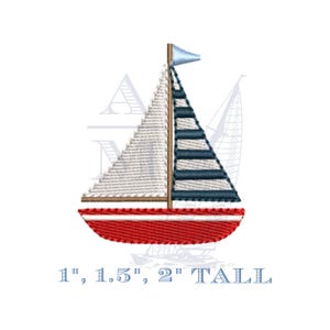 Mini Boat Embroidery Design, Nautical Striped Sailboat, Digital Machine Embroidery File, 1&quot;, 1.5&quot;, 2&quot; Tall