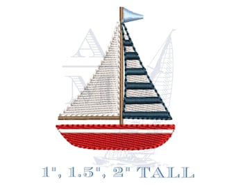 Mini sailboat embroidery design | nautical striped boat | 1" 1.5" 2" | boys girls | coastal machine embroidery digital file