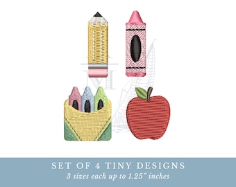 Tiny Mini Back to School Embroidery Bundle SET OF 4 | Pencil Crayon Pencil Crayon Box | Teacher Embroidery Designs
