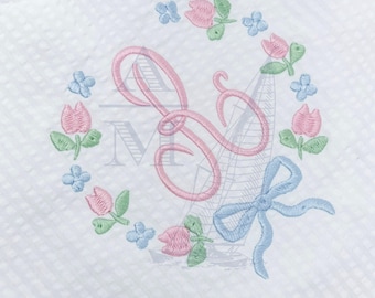 Tulip Floral Bow Monogram Frame, Flower Embroidery Design, 4&quot; & 5&quot; Satin Finish