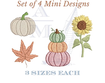 Fall Embroidery Design Set of 4 | pumpkin, sunflower, leaf | 3 sizes each | autumn thanksgiving mini icons