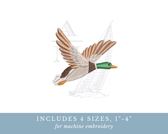 Mallard Duck Embroidery Design, Flying Mallard for Hats, Fall Wildlife Embroidery, 4 Sizes, Nature & Bird Art for Machine Embroidery