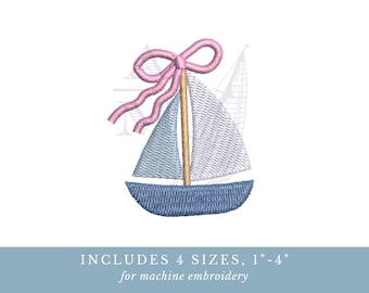Desenho de Bordado Náutico de Barco à Vela com Proa | Bordado à Máquina Feminino com Tema Costeiro | 4 Tamanhos, 1-4 polegadas