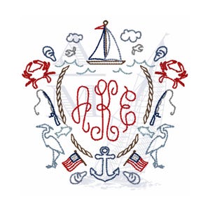 Nautical monogram crest embroidery design | herons crabs maryland | 4" 5" 6" | summer coastal | machine embroidery