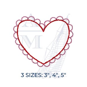 Valentine's day heart embroidery design | scalloped quick stitch bean | 3" 4" 5" | machine embroidery digital file