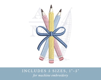 Pencils with Bow Back to School Embroidery Design | 5 Sizes 1"-5" tall | for machine embroidery