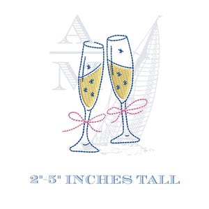 Champagne toasting flutes with bows, quick stitch embroidery design, new years, wedding, bachelorette digital design file, 4 sizes