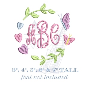 Herzen und Schmetterlinge Monogrammrahmen | Mädchen Stickerei | 5 Größen | zwischen trendy | Maschinenstickdatei, digitale Datei