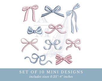 Mini bow embroidery designs bundle | set of 10 girly bow designs | coquette | 0.25"–4" | machine embroidery