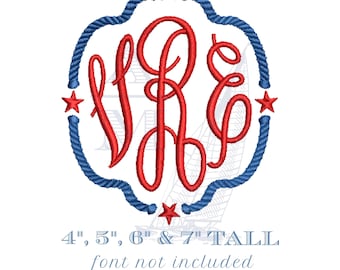 Patriotic Rope and Stars Monogram Frame Embroidery, Summer American, 5 Sizes,  Machine Embroidery Digital File