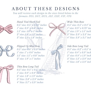 Five embroidered bow graphics and text lists are displayed to show sizing details for Hand Tied Short Tail, Flipped Up Mini Bow, Thin Bow Long Tail, Wide Thin Bow, and Side Bow Long Tail.