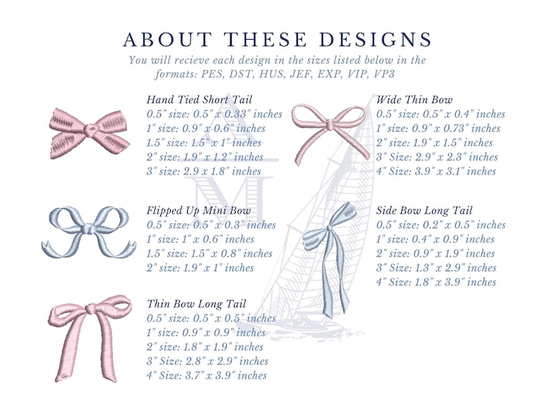 Five embroidered bow graphics and text lists are displayed to show sizing details for Hand Tied Short Tail, Flipped Up Mini Bow, Thin Bow Long Tail, Wide Thin Bow, and Side Bow Long Tail.