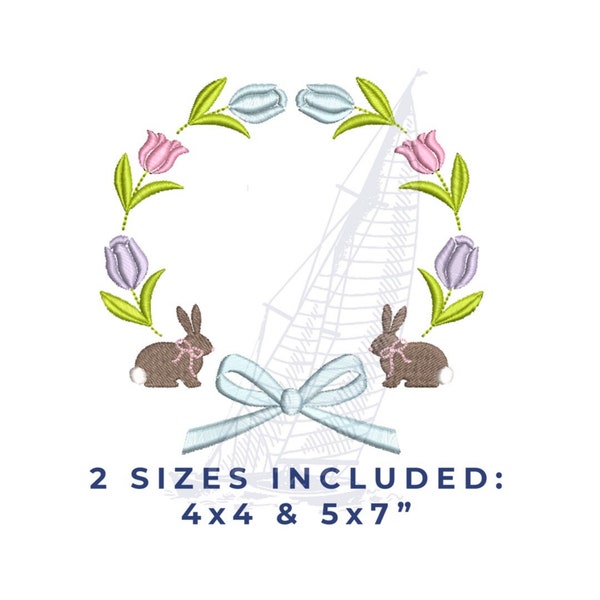 Spring Bunny Tulip Flower Monogram Bow Frame Embroidery Design 4x4 & 5x7