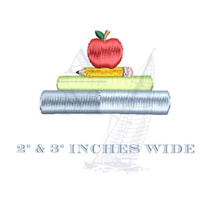 Back to School Mini Embroidery Design, Stack of Books, Apple and Pencil, 2" and 3" wide