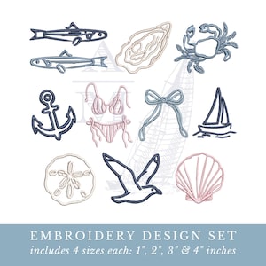 Coastal beach machine embroidery design bundle, set of 10 | sailboat, anchor, crab, shell | summer nautical | 4 sizes each | bx included