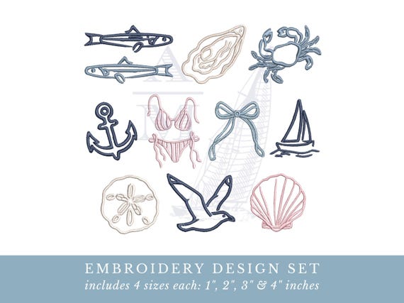 Coastal beach embroidery design bundle | set of 10 | sailboat anchor crab shell | nautical summer | 4 sizes | machine embroidery
