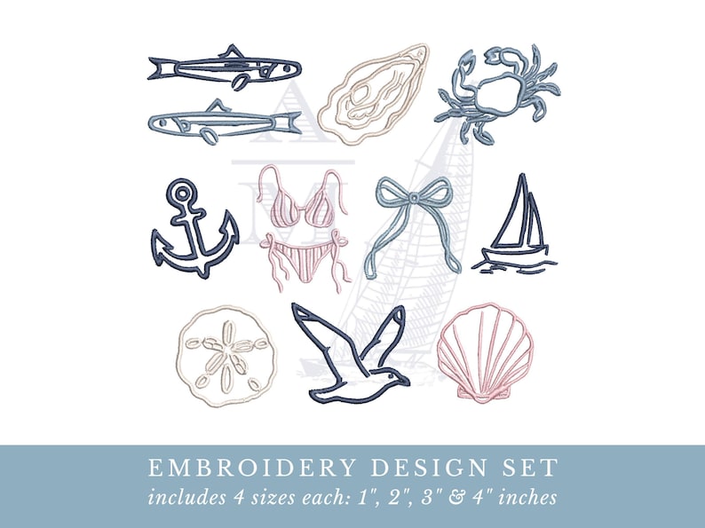 Küsten Strand Stickdatei Paket | 10er Set | Segelboot Anker Krabbenschale | Maritimer Sommer | 4 Größen | Maschinenstickerei Bild 1