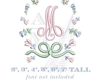 Marco floral Grandmillennial con lazo, diseño de bordado a máquina para monogramas y fuentes de bordado, de 2 a 7 pulgadas de alto
