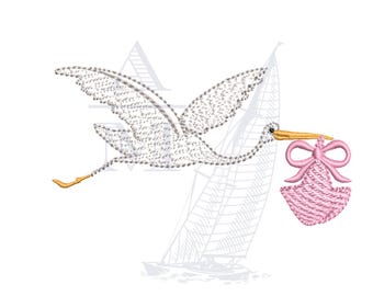 Diseño de bordado de cigüeña recién nacida para niños o niñas, archivo 4x4