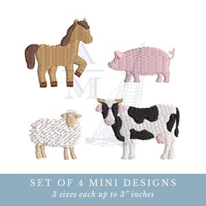 Mini farm animal embroidery design set of 4 | cow pig sheep horse | 3 sizes each | fall machine embroidery digital file