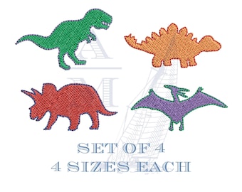 Mini dinosaur embroidery design set of 4 | t-rex stegosaurus pterodactyl triceratops | 4 sizes each | machine embroidery