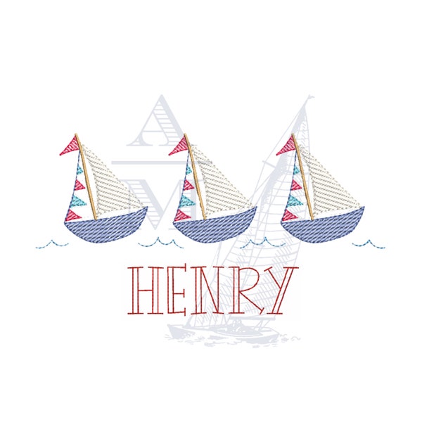 Sailboat Trio Sketch Fill Quick Stitch Embroidery Design, 3-7" Wide, Summer Nautical Boat Design